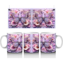 Renkli Çiçek Desenli Arka Planda Mor Kelebek Çifti - Baskılı Kahve Kupası