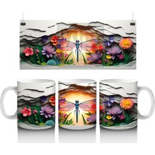 Çiçekler Arasında Parlayan Gün Batımı ve Kelebek – Baskılı Kahve Kupası