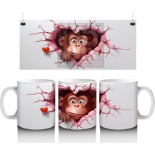 Kalpli Çatlakta Sevimli Maymun ve Minik Kalp – Baskılı Kahve Kupası