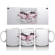 Gri Çatlak Zemin Üzerinde Zarif Pembe Kanatlı Yusufçuk - Baskılı Kahve Kupası