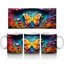 Renkli Bahar Çiçekleri Arasında Turuncu Kelebek – Baskılı Kahve Kupası