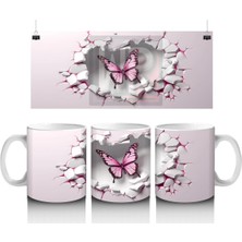 Pembe Çatlaklı Duvar Üzerinde Kelebek – Baskılı Kahve Kupası