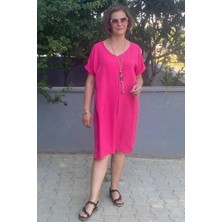 Büyük Beden Fuşya Kolye Hediyeli Salaş Elbise