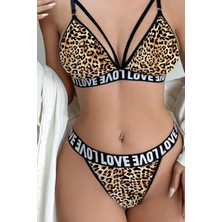 Kadın Leopar Desenli Love Yazı Detaylı Harness Iç Çamaşır Takımı
