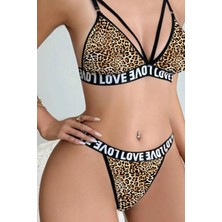Kadın Leopar Desenli Love Yazı Detaylı Harness Iç Çamaşır Takımı