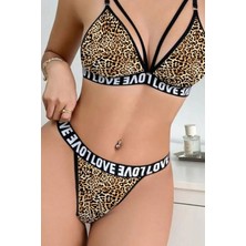 Kadın Leopar Desenli Love Yazı Detaylı Harness Iç Çamaşır Takımı