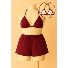 Kadın Bordo Şortlu Belden ve Boyundan Bağlamalı Bikini Takımı