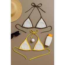 Kadın Leopar Desenli ve Sarı Minimal Kesim Üçgen Bikini Üstü