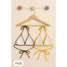 Kadın Leopar Desenli ve Sarı Minimal Kesim Üçgen Bikini Üstü