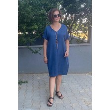 Büyük Beden Lacivert Kolye Hediyeli Salaş Elbise