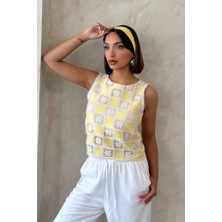 Kolsuz Astarlı Dama Desen Tığ Işi Bluz - Sarı