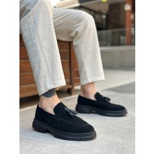 ET0240 Yüksek Taban Klasik Parlak Püsküllü Süet Siyah Erkek Ayakkabı