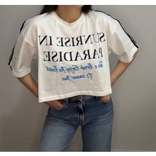 Paradise Ekru Biye Detaylı Yazı Baskılı Crop Tshirt