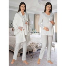 Dvina Effortt Lohusa Desenli Kadife Sabahlıklı Pijama Takımı Ekru - 8088