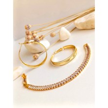Küpe Halka ve Bileklik  Zirkon Taş Altın Kaplama 316 L Çelik  2'li Set + Hediye Paket