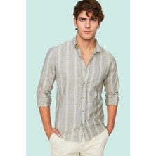 Erkek Slim Fit Ince Çizgili Gömlek Yaka Düğmeli Uzun Kollu Günlük Yaz Aylarının Vazgeçilmezi