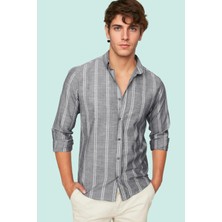 Erkek Slim Fit Ince Çizgili Gömlek Yaka Düğmeli Uzun Kollu Günlük Yaz Aylarının Vazgeçilmezi