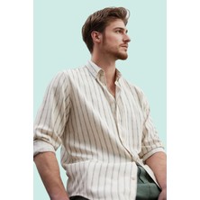 Erkek Keten Karışımlı Çizgili Gömlek Regular Kalıp Rahat Günlük Kullanım Dayanıklı Malzeme