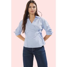 Kadın Kruvaze Bağlama Detaylı Regular Gömlek Basic Siluet Uzun Kollu Yaz Aylarının Vazgeçilmezi