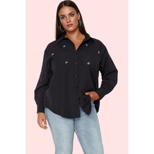 Kadın Büyük Beden Taş Işlemeli Poplin Gömlek Günlük Şıklık Hafta Sonu Yaz Aylarının Vazgeçilmezi