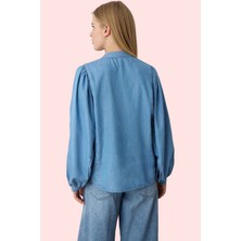 Kadın Denim Gömlek Hakim Yaka Balon Kol Kısa Kollu Oversize Günlük Yaz Aylarının Vazgeçilmezi