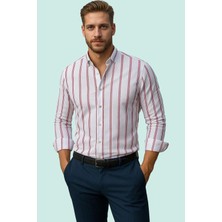 Erkek Slim Fit Ince Çizgili Gömlek Yaka Düğmeli Uzun Kollu Günlük Yaz Aylarının Vazgeçilmezi