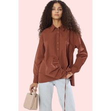 Kadın Terrycotton Dokuma Gömlek Büzgü Detaylı Uzun Kollu Günlük Yaz Aylarının Vazgeçilmezi