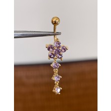 316 L Cerrahi Çelik Bar Ölçüsü 10 mm Mor Taşlı Sallantılı Çiçek Model Göbek Piercingi Mor