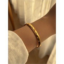 Beyaz Taşlı Yıldız Motifli Çelik Gold Kelepçe Bileklik