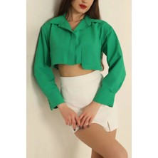 Zarif Kadın Poplin Crop Gömlek Yeşil S3060