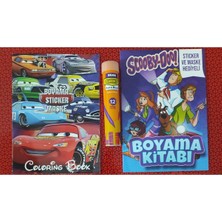 2 Adet Stickerli Boyama Kitabı ve 12 Li Tüp Kuru Boya Kalemi (Arabalar/scooby Doo )
