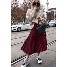 Kadın Bordo Pileli Etek Kombini – Günlük ve Şık Stil | Sonbahar/kış Moda