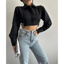 Yanı Kemer Detaylı Crop Gömlek Siyah S4009