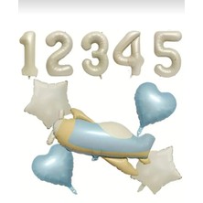 Retro Uçak Krem Yıldız ve Mavi Kalp Folyo Balonlu Krem Rakam Balonlu Doğum Günü Parti Seti Süsü