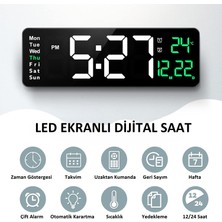 LED Ekranlı Dijital Duvar Saati Çift Alarm Sıcaklık Takvim Gösterimi Geri Sayım Otomatik Karartma Uzaktan Kumandalı Haftalık Gösterimli Parlaklık Ayarlı Zamanlayıcılı