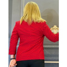 Kırmızı Puantiyeli Ceket,kadın,blazer,desenli,krep,astarlı,dekoratif Cep,3çeyrek Kol,tek Düğmeli