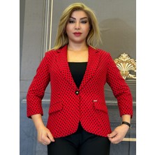 Kırmızı Puantiyeli Ceket,kadın,blazer,desenli,krep,astarlı,dekoratif Cep,3çeyrek Kol,tek Düğmeli