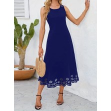 Arben Boutique Kadın Kolsuz Etek Ucu Lazer Kesim Çiçek Desenli Midi Boy Ithal Krep Elbise