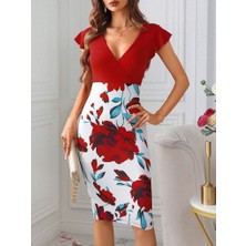 La Mode Istanbul Kadın Kısa Kollu Üstü Kırmızı Viskon Altı Çiçek Baskılı Dalgıç Mini Elbise