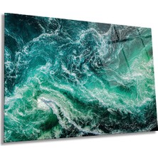 Yeşil Deniz Su Dalgası Yatay Cam Tablo, Ev ve Ofis Duvar Dekoru, Lüks Hediyelik