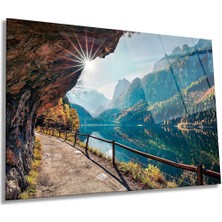 Güneşli Sonbahar Göl Manzarası Yatay Cam Tablo, Ev ve Ofis Duvar Dekoru, Lüks Hediyelik