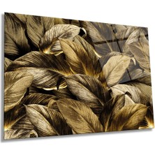 Altın Yapraklar Yatay Cam Tablo, Doğa, Ev ve Ofis Duvar Dekoru, Lüks Hediyelik