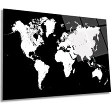 Siyah Beyaz Standart Dünya Haritası Yatay Cam Tablo, Coğrafya, Ev Ofis Duvar Dekoru, Lüks Hediyelik