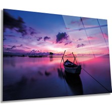 Mor Gün Batımı Tekne Manzarası Yatay Cam Tablo, Ev ve Ofis Duvar Dekoru, Lüks Hediyelik
