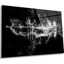 Dumanlar Içinde Trampet Yatay Cam Tablo, Soyut Sanat, Ev ve Ofis Duvar Dekoru, Lüks Hediyelik