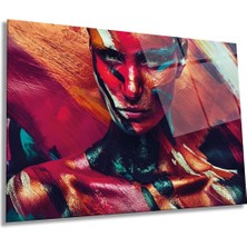 Renkli Boyalı Kadın Portresi Yatay Cam Tablo, Cesur Sanat, Ev ve Ofis Duvar Dekoru, Lüks Hediyelik