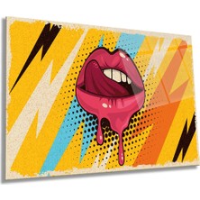 Pop Art Retro Kadın Dudağı Yatay Cam Tablo, Modern, Ev ve Ofis Duvar Dekoru, Lüks Hediyelik