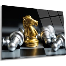 Altın Satranç Takımı Yatay Cam Tablo, Modern, Ev ve Ofis Duvar Dekoru, Lüks Hediyelik