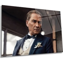Yapay Zeka Asil Atatürk Yatay Cam Tablo, Takım Elbiseli Mustafa Kemal Ata, Ofis Dekoru, Hediyelik