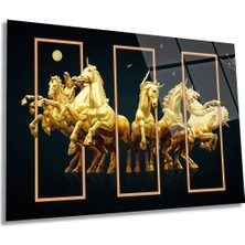 Altın Şahlanmış Atlar Yatay Cam Tablo, Gold Detaylı Lüx, Ev ve Ofis Duvar Dekoru, Lüks Hediyelik